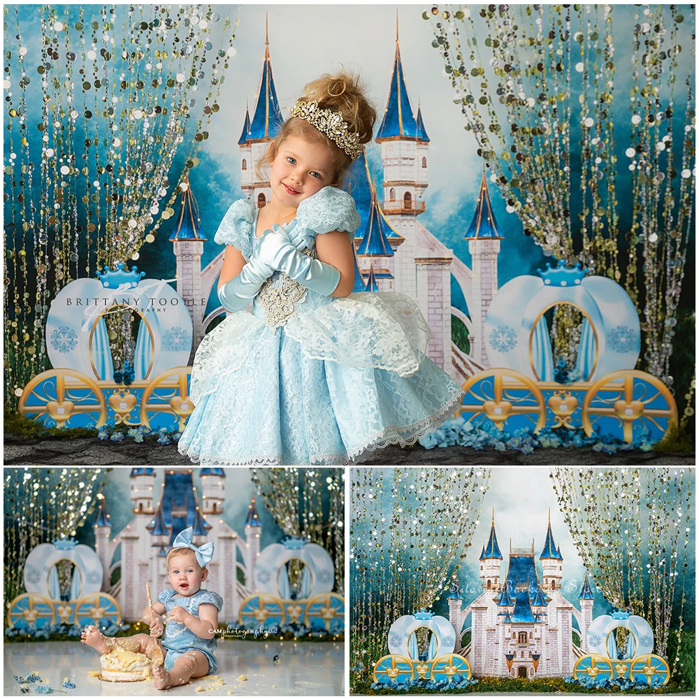 

Dream Blue Castle Royal Carriage Photo Background Children Birthday Cake Smash Photography Backdrop Shiny Photo Studio Props