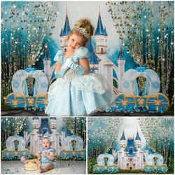 Dream Blue Castle Royal Carriage Photo Background Children Birthday Cake Smash Photography Backdrop Shiny Photo Studio Props