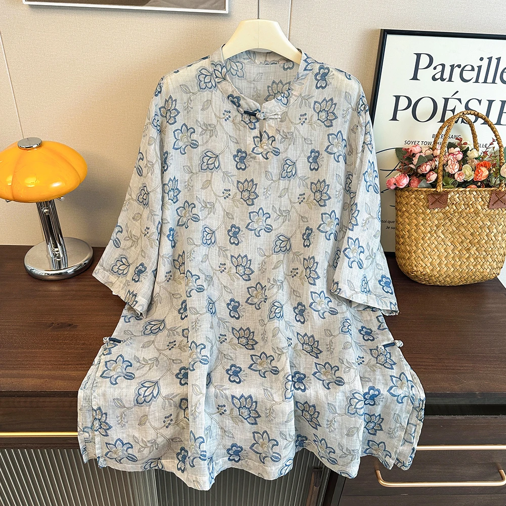 

High-End Large Size Women's Cotton Linen T-Shirt Mid-Length Base Shirt Summer New Print Commute Style Floral Patterned Top
