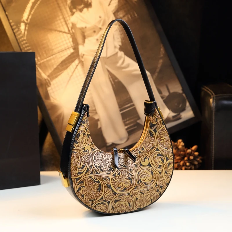 Hand-carved Leather Women Handbags Shoulder Underarm Bag Female High-grade Minority Crescent Bag 2024 New Mode Moml Hobo Bags