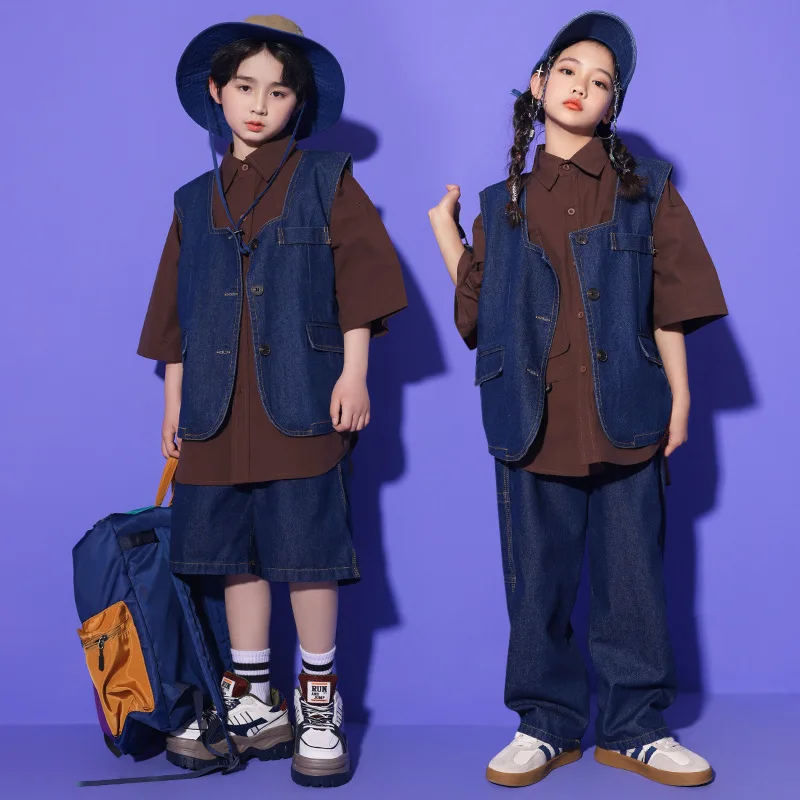 Kid Hip Hop Clothing Coffee Oversized Shirt Denim Vest Casual Wide Jeans Baggy Pants Shorts for Boys Girls Dance Costume Clothes