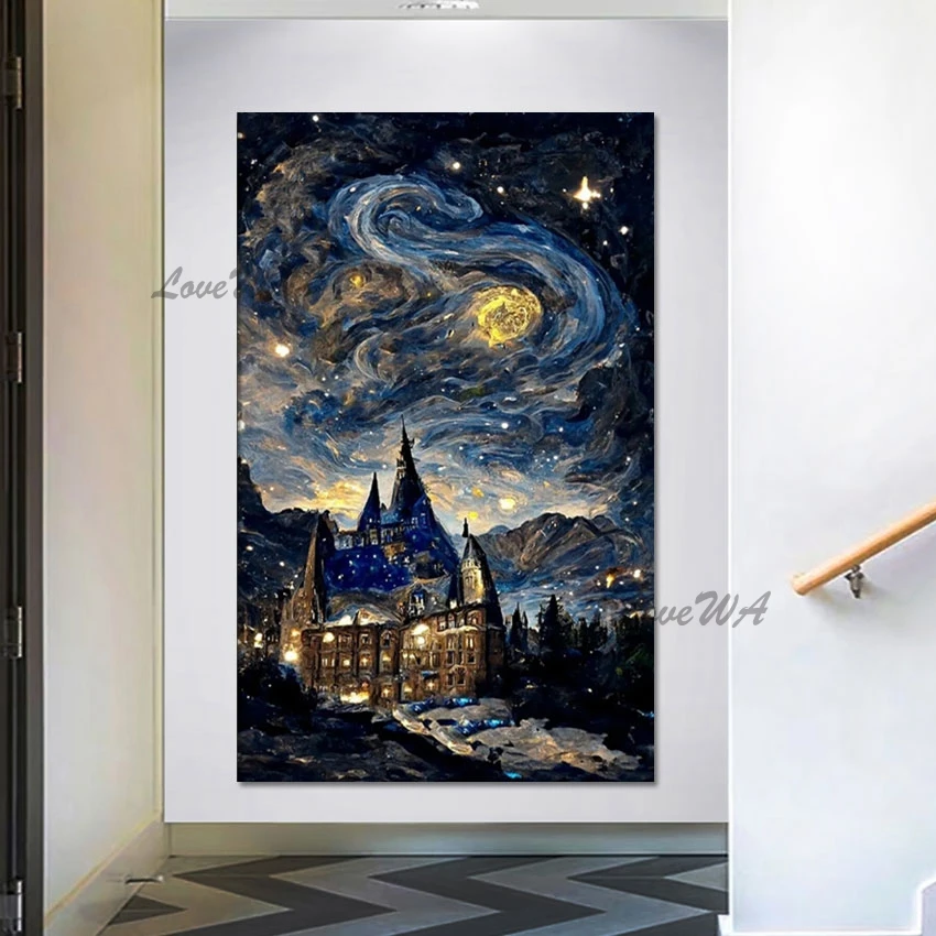 Castle Building Abstract Oil Painting Frameless Canvas Wall Modern Art Starry Night Sky 3d Picture Beautiful Scenery Drawing