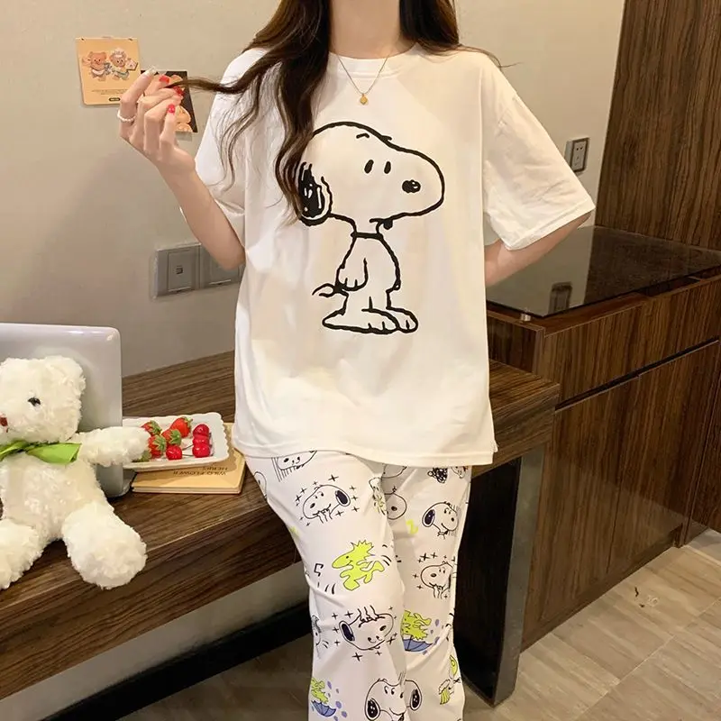 Anime 2026 New Snoopy Pajama Set for Women Cute Cartoon Print Short Sleeved T-Shirt+Shorts Pajama Fashion Casual Girls Home Wear view 4