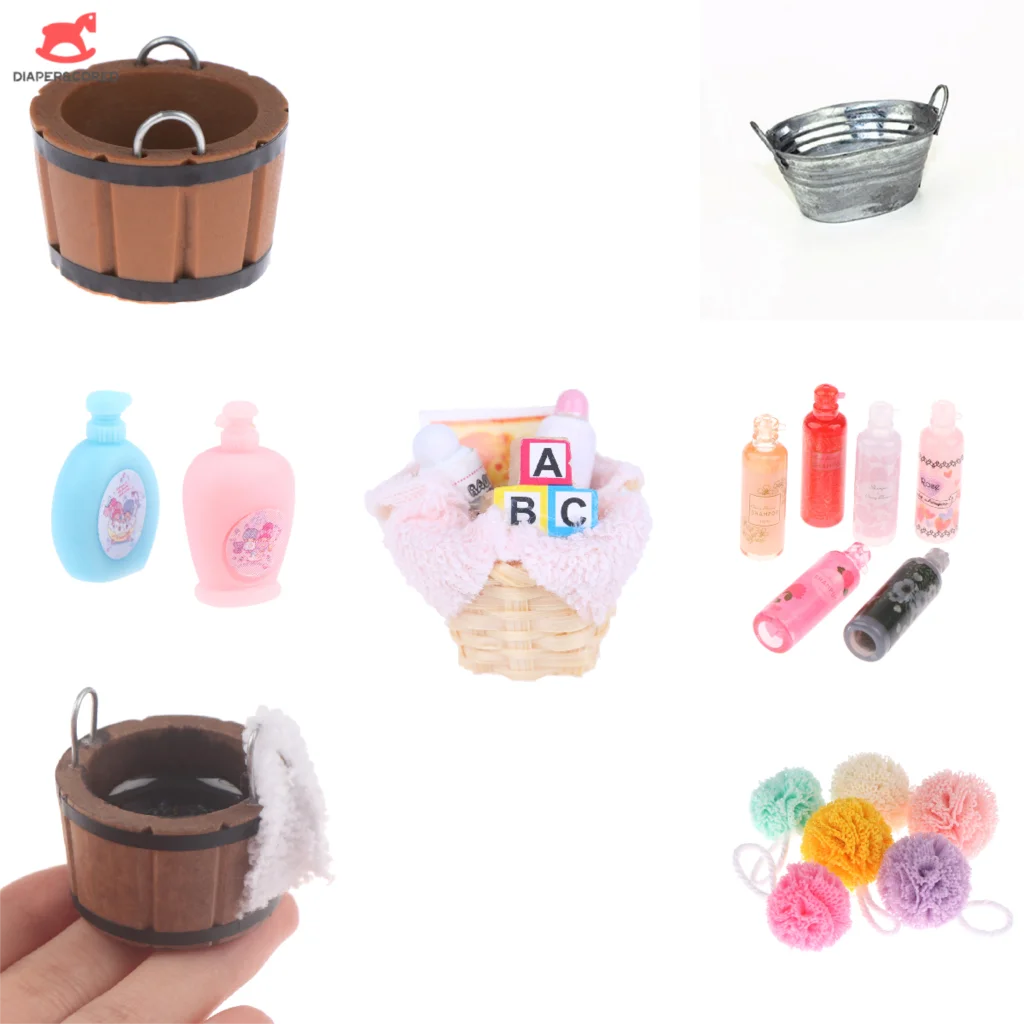 1:12 Scale Dollhouse Mini Wooden Barrel Bath Ball Shampoo Model Bathroom Furniture Supplies Decor Accessories Baby Gift