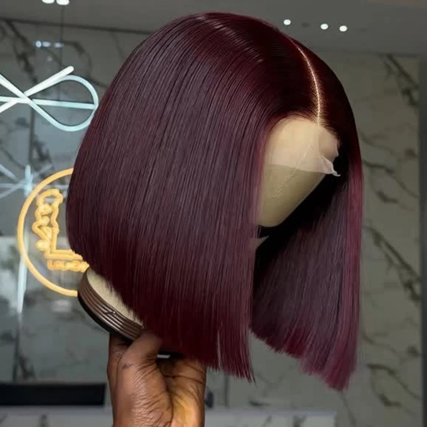 99J Red Burgundy Color Short Bob Straight Blunt Cut 13X4 Lace Front Synthetic Wigs For Women Preplucked With Baby Hair Cosplay