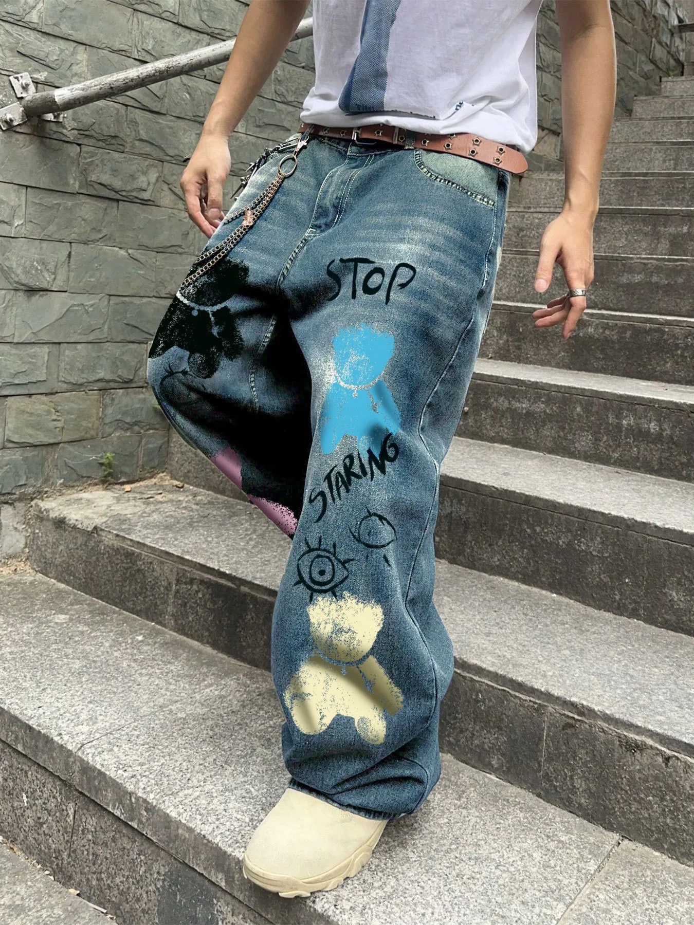 

High Waist Wide Leg Straight Leg Printed Jeans Floor Length Casual Loose Fit Polyester Teenage Boys Jeans Autumn Season