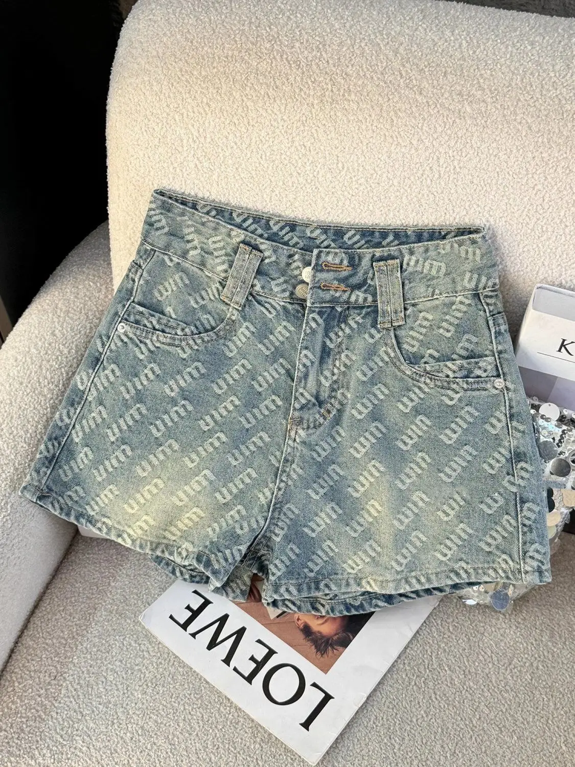 Short en jean imprimé lettres pour femmes, jean coréen taille haute en forme de A, jambes larges, pantalons chauds, été 2025