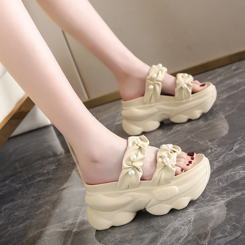 7.5CM Heels Wedge Slippers for Women 2023 Summer Pearl Platform Sandals Woman Thick Bottom Non Slip Beach Flip Flops Size 34-39