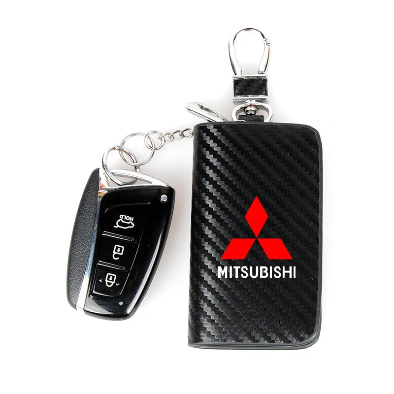 Car Key Protector Bag Carbon Fiber Key Holder Keyring Wallet Zipper for Mitsubishi Lancer ASX Outlander Pajero Evolution Car
