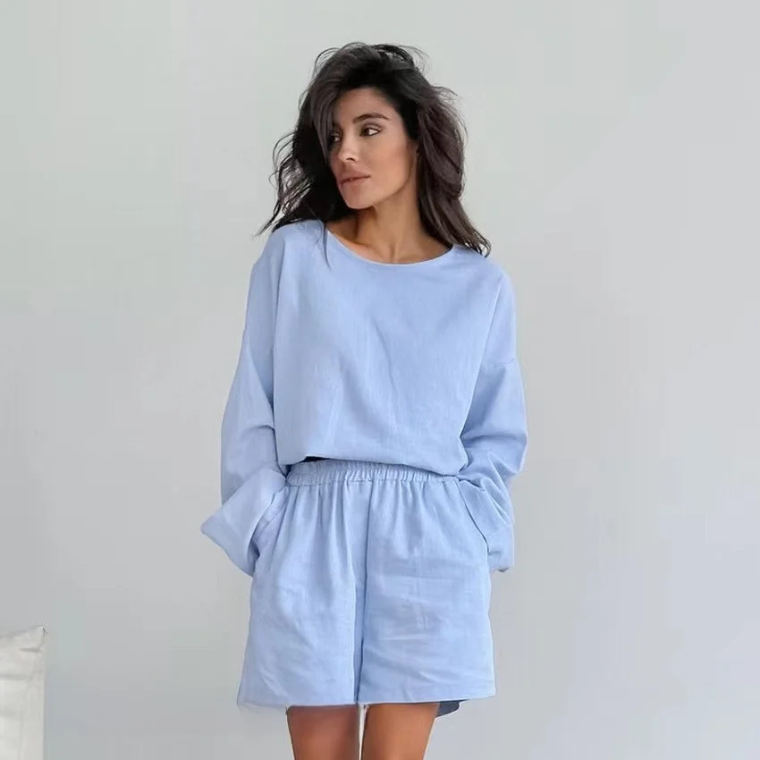 

Simple Loose Top And orts Set Home Clothes Women's round Ne Long Sve Casual Summer Home Comfortable Spwear Set
