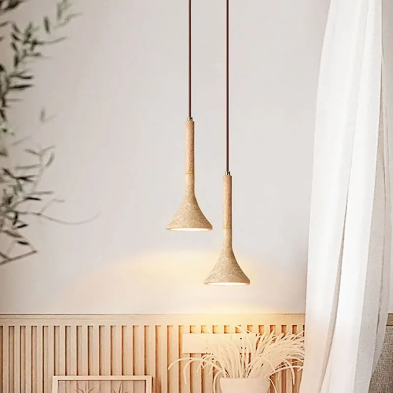 Japanese Wabi-Sabi Yellow Travertine LED Pendant Lights Horn Shape Chandelier Bedroom Hotel Restaurant Living Room Hanging Lamps