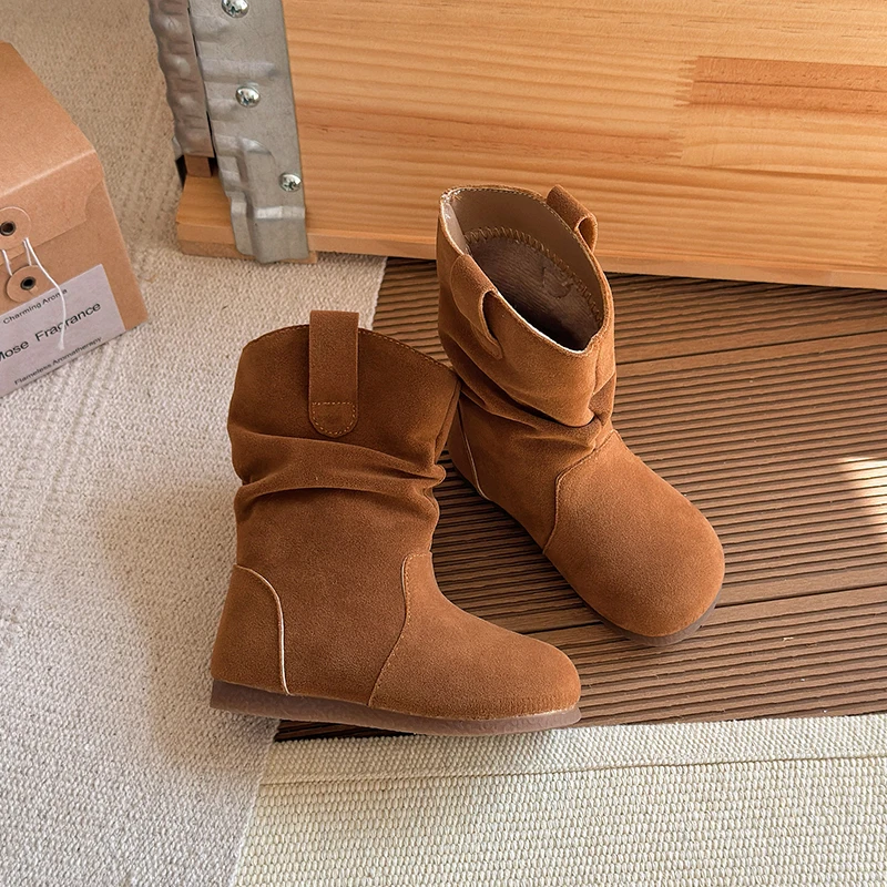 

Children Stacked Leather Boots All Match Spring Autumn 2026 New Girls Cowboy Fashion Boots Retro Style Kids Flats Short Boots