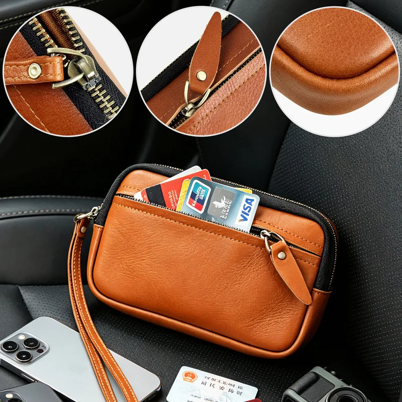 Crazy horse Leather Zipper Purse Cowhide Zero Wallet Large Capacity Card Bag Cowhide Key Storage Pack Clutch Bags Wallet
