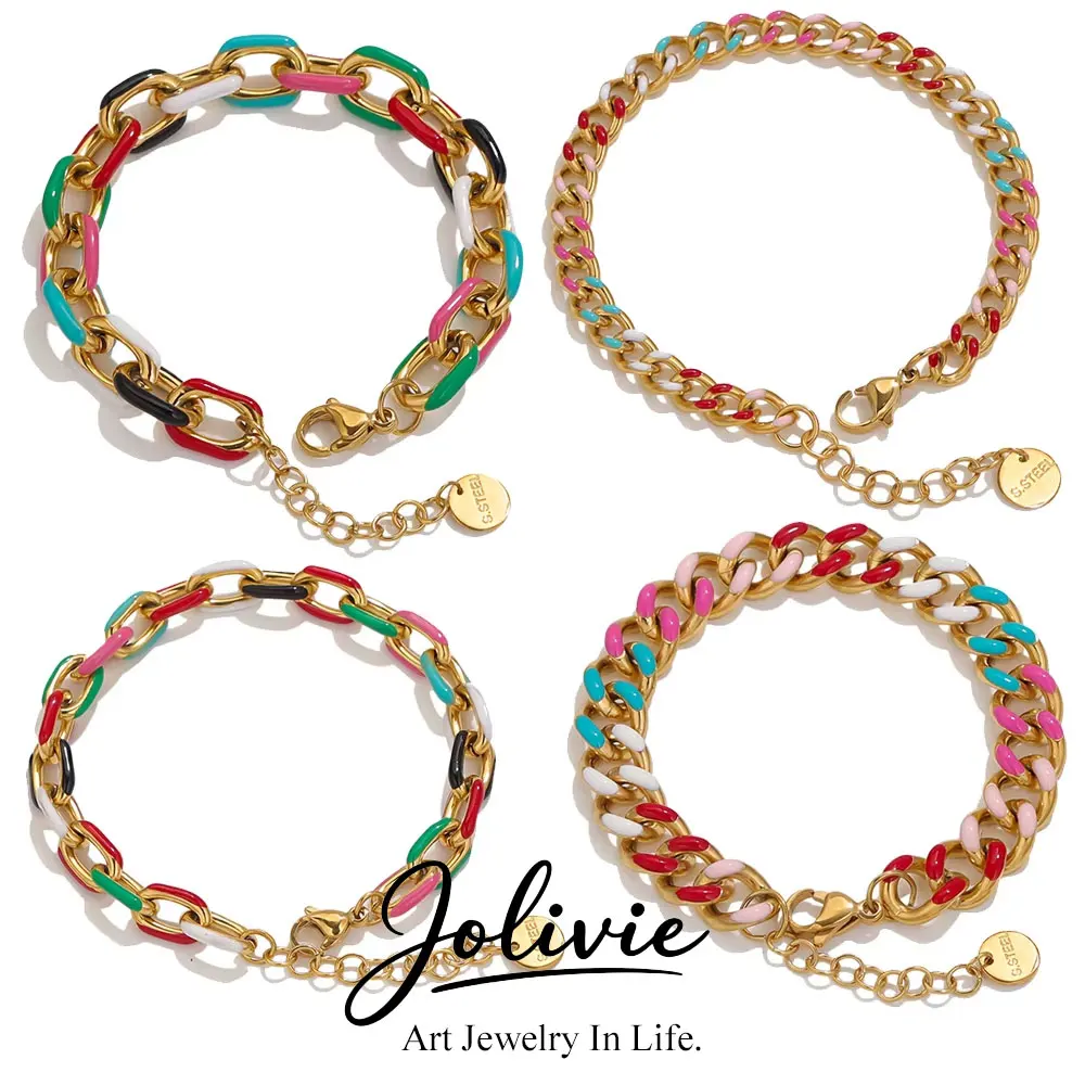Jolivie Colorful Bohemian Stainless Steel Bracelet Fashion Jewelry Cross Chain Enamel Bracelets Woman Daily Gold Color Jewelry