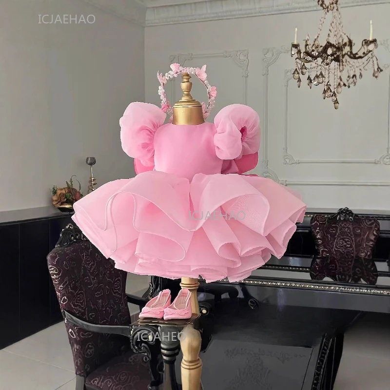 Party Dress with Wings Cute Tutu Fairy Costume Birthday Celebration Princess Pageant Gown Pink Children Girls Short Kids First