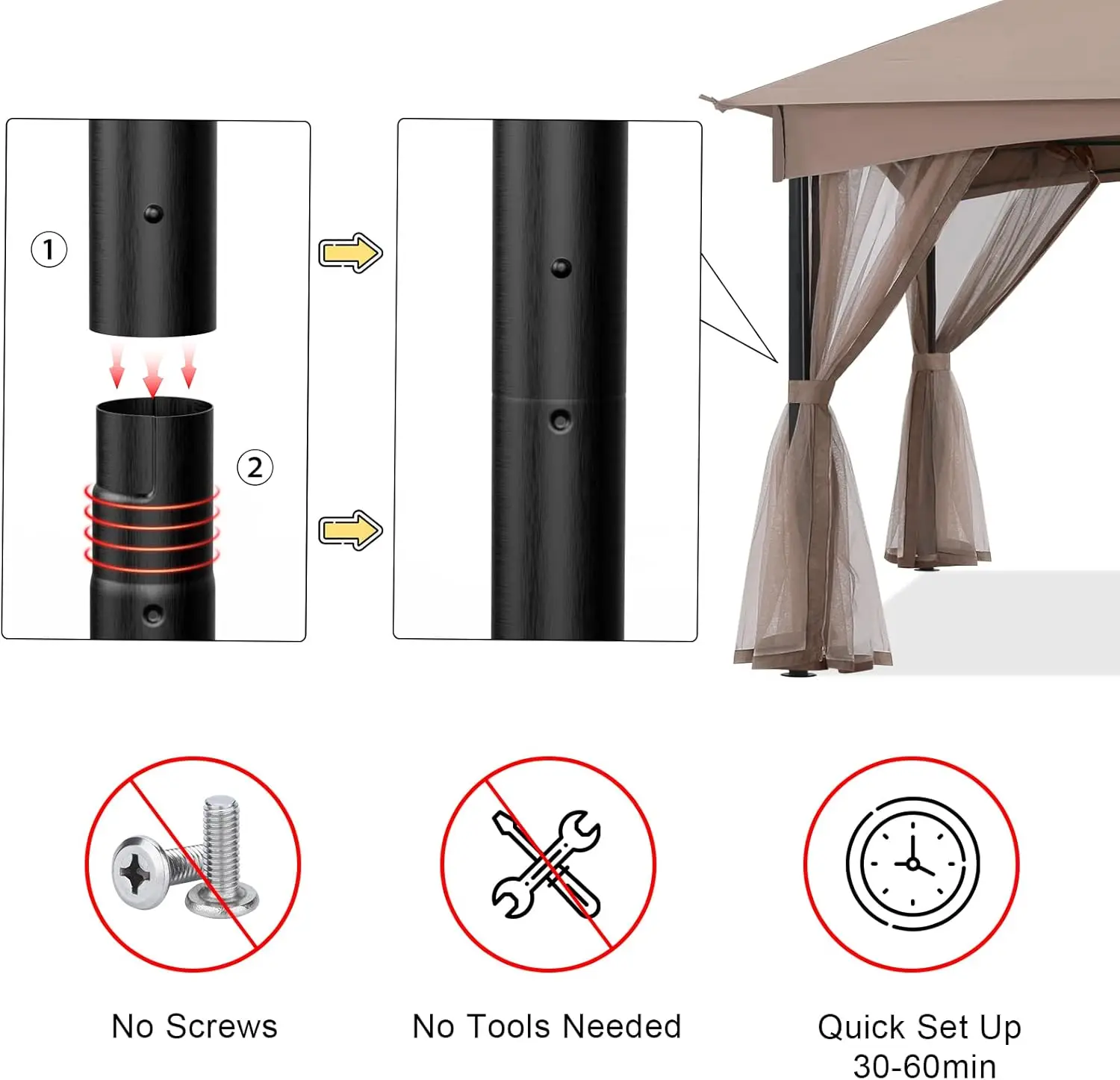 Tool Free Patio Gazebo Screw Free Easy Installation Outdoor Garden Gazebo With Netting Walls (11X11,Khaki)