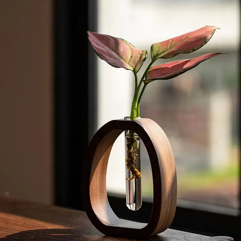 Florero de tubo de ensayo con soporte de madera, contenedor de vidrio hidropónico para interiores, decoración de oficina y hogar, planta acuática