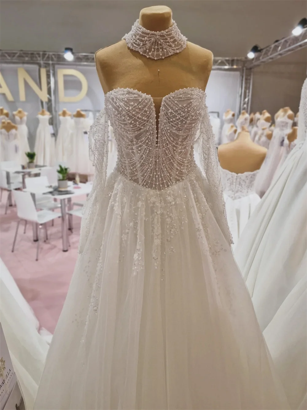 Tokyo Beaded Bodice Off Shoulder Wedding Dress Pearl Embellished Sweetheart Neck Bridal Gown Glitter Tulle High Neck Gala Party