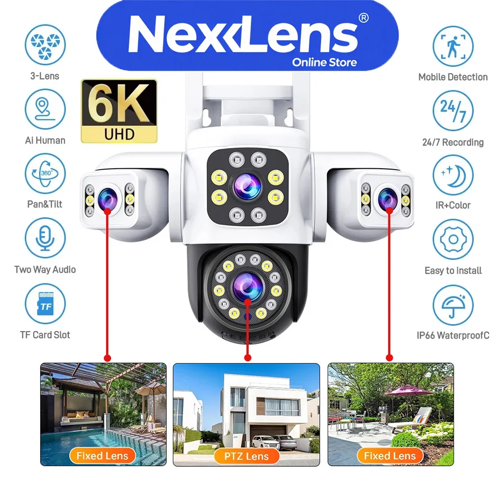 

ANSVICAM 6K Triple Screen Outdoor Camera - 360° PTZ Triple Lens, IP66 CCTV with Yoosee Cloud, AI Security Surveillance