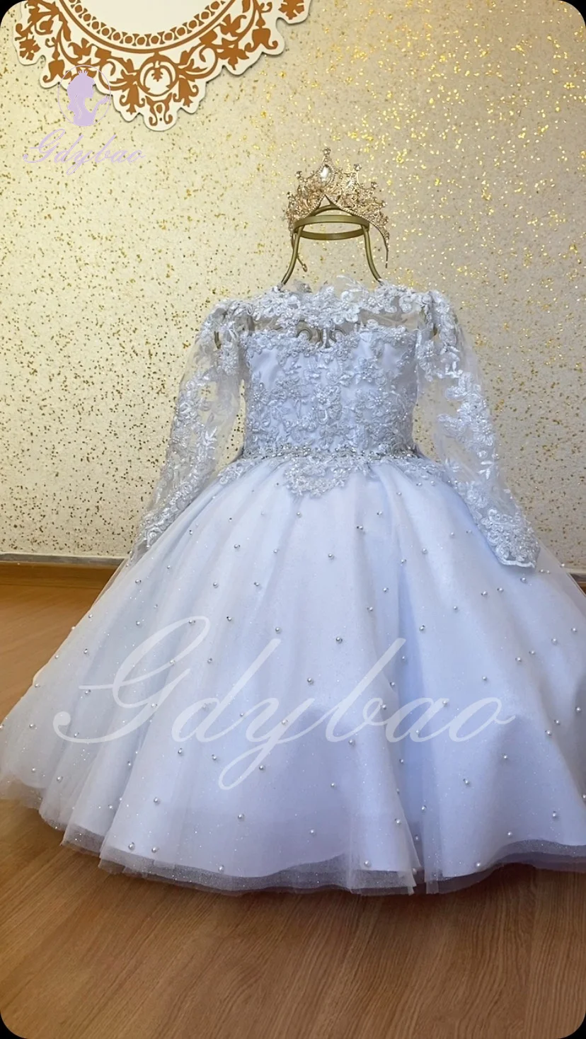 White Lace Flower Girl Dress for Wedding Pearls Applique Puffy Full Sleeves Tulle Kids Birthday Party First Communion Ball Gown