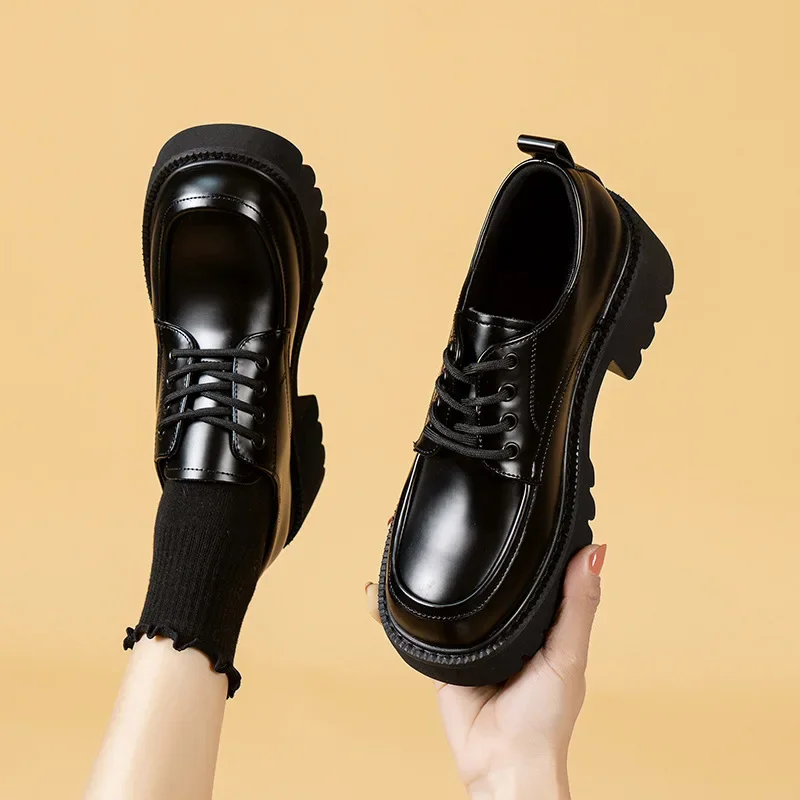 Lace-Up Oxfords Female Creepers Thick Heels Brogue Shoes Woman Flats Loafers Metal  Belt Small Leather Shoes Women 2024