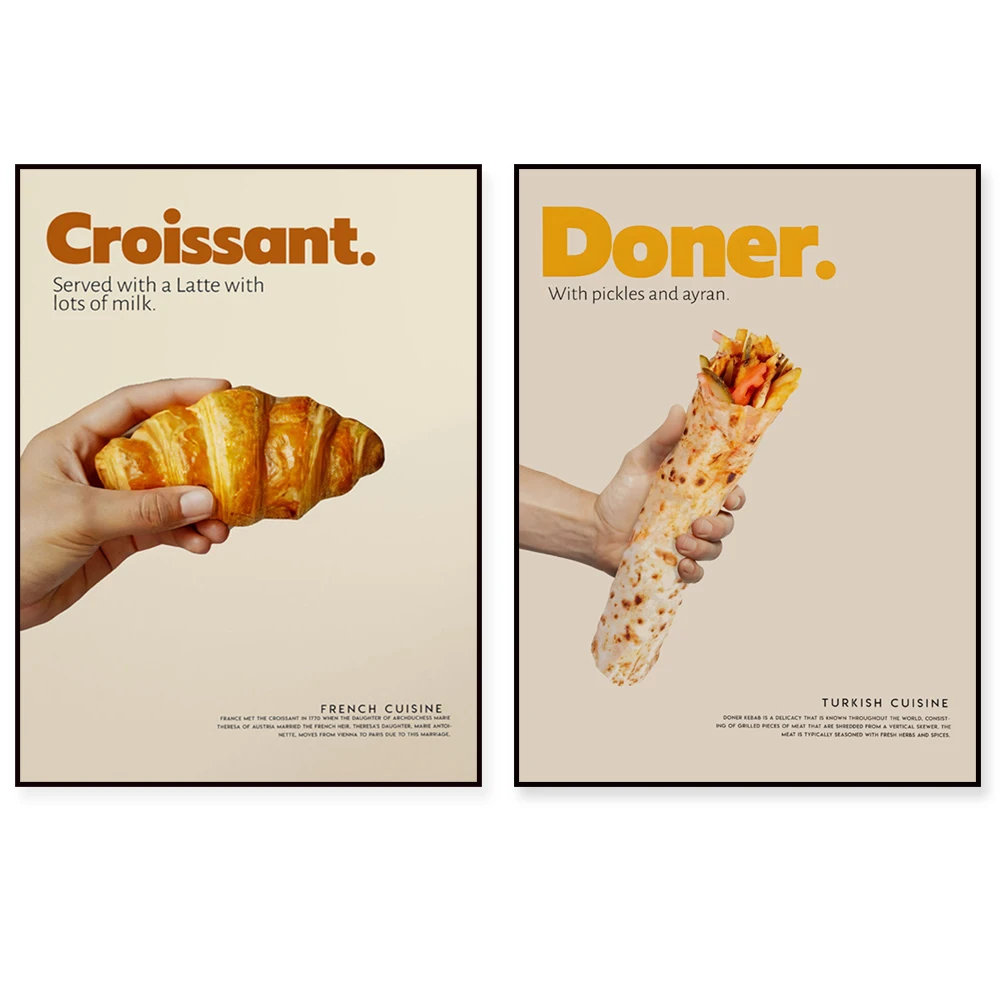 Französischer Croissant, amerikanischer Donut, Pfannkuchen, Sandwich, Gurken, Kebab, Burrito, Nachos, Pastel De Nata, Espresso Latte Food Poster
