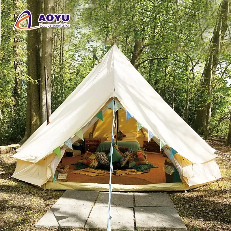 New Style High Quality Glamping 3M 4M 5M 6M Glamping Canvas Bell Tents Pyramid Camping Mongolian Yurt