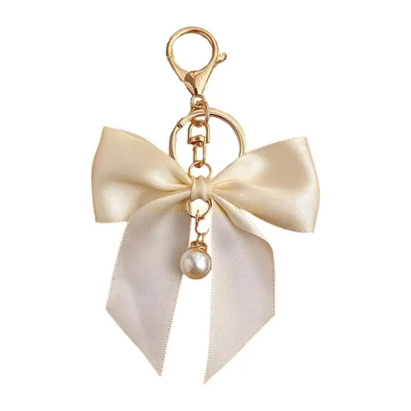 X90D Elegant Ribbon Bows Keychain With Imitation Pearls Detail For Handbag Purse Decoration Practical Metal Keyring Accessory