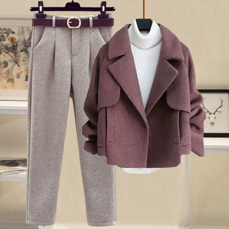 Autumn and Winter Woolen Cardigan Jacket+half High Collar Thickened Bottom Sweater+slim Fitting Woolen Pants Three Piece Set