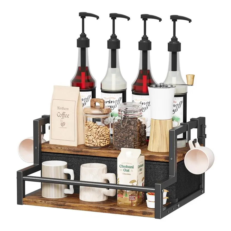 

Syrup Organizer Rack, 2Tier Coffee Bar Accessories, Bottle Holder Stand with K Cup Storage Drawer for Coffee bar, Wine Rack, St