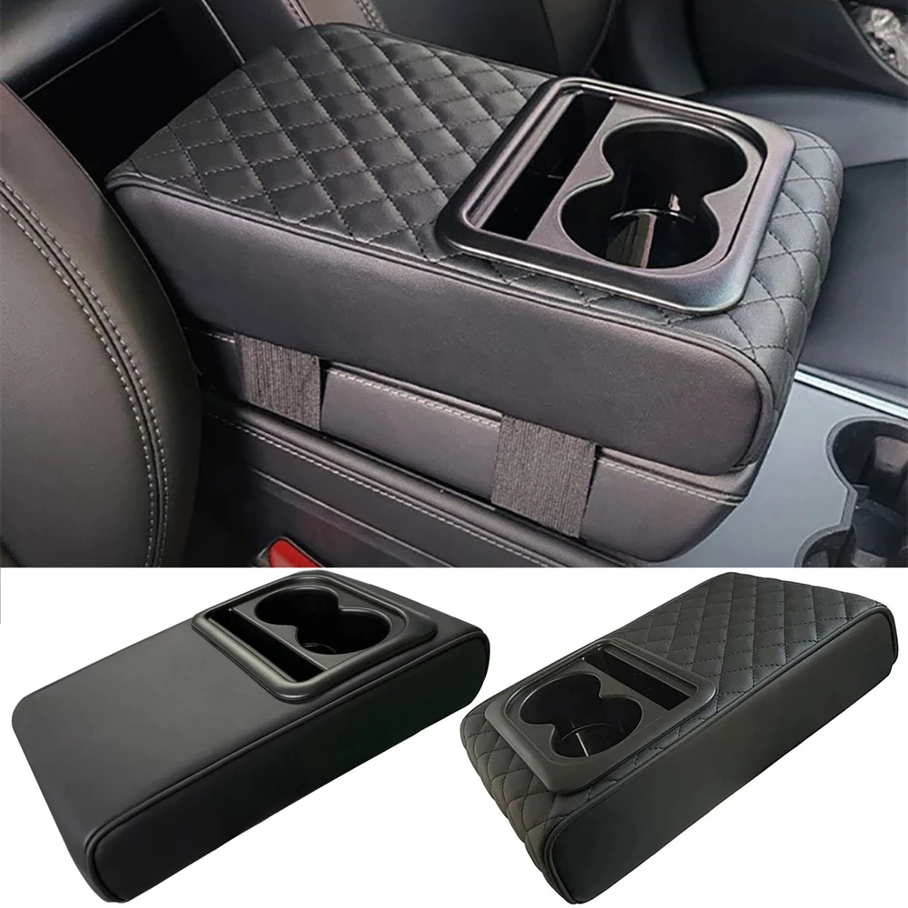 Car Armrest Box Cushion, Auto Center Console Armrest Cushion With 2 Cup Holder PU Leather Armrest Pad Portable Car Amrest Pillow