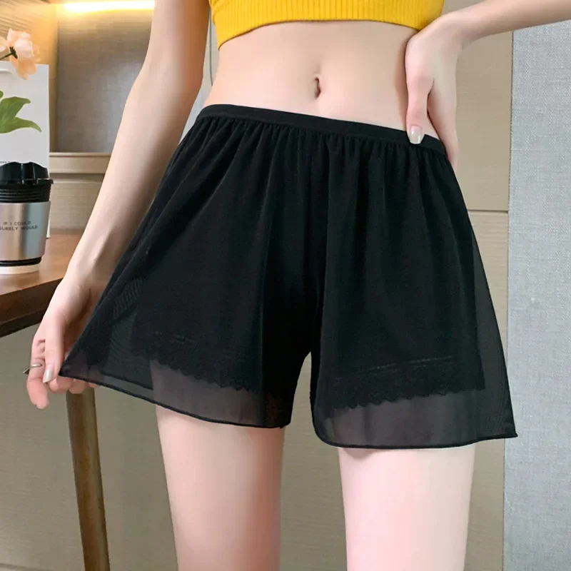 White Lace Safety Pants Women's Summer Slim Non-slip Casual Shorts with Unrolled Hem Wear Double Layer Insurance Leggings Loose