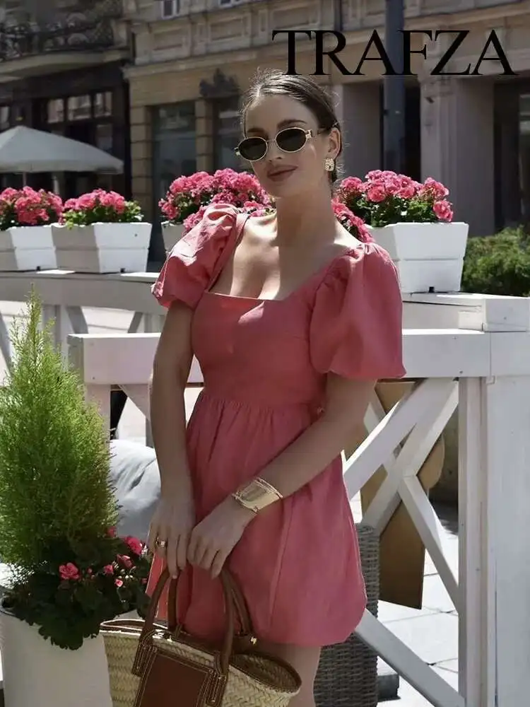 

New Summer Fashion Women Dresses Pink Square Collar Puff Short Sleeves Backless Bow Decorate Female Casual Loose Mini Dress