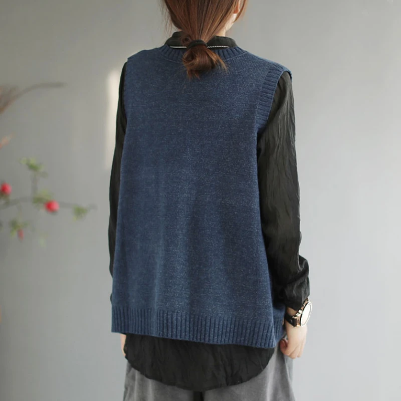 Sweater Vest Women Patchwork Folk Style Simple Retro Fashion Loose All-match Elegant Ins Cozy Pockets Casual Ulzzang New Daily