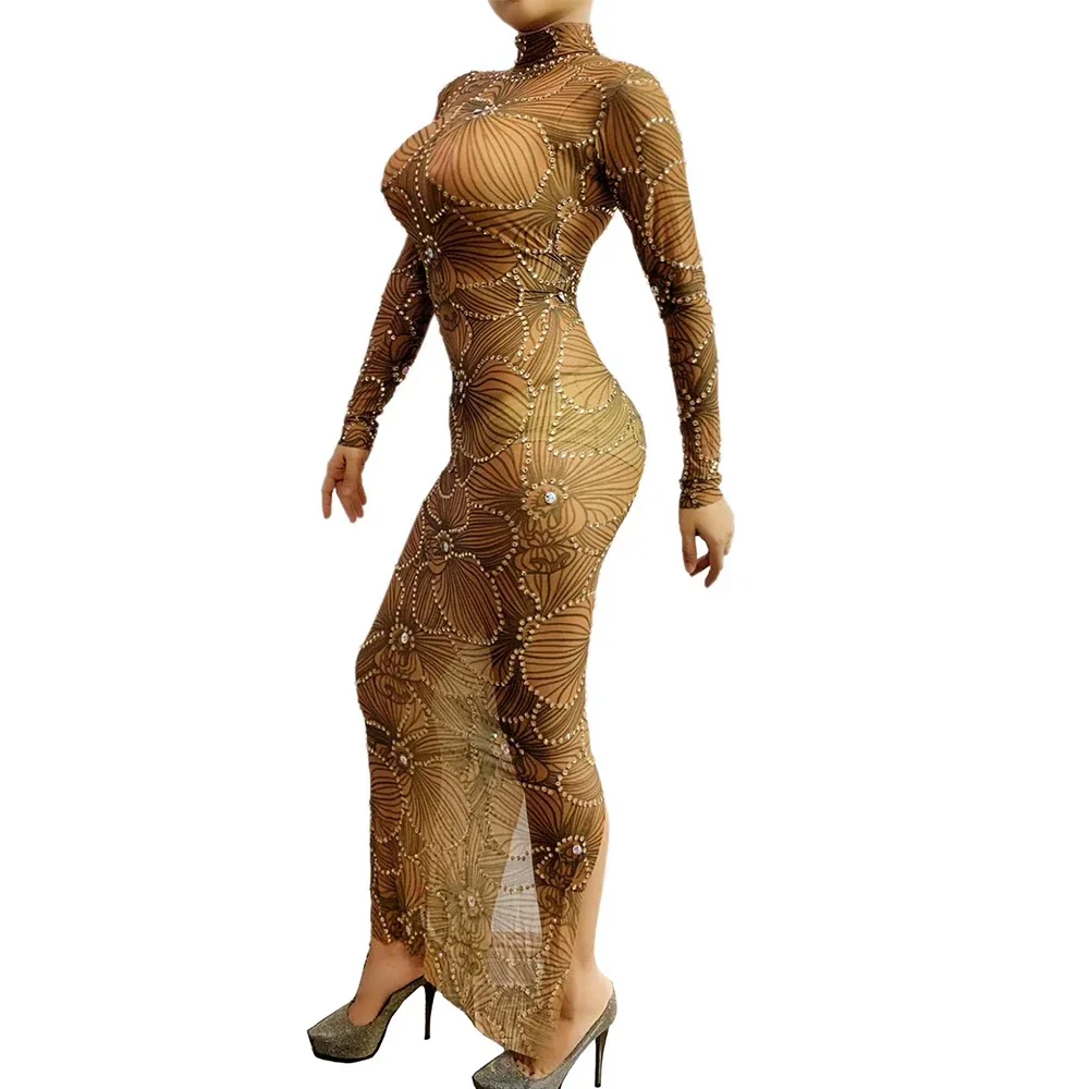 

2026 Women Sparkly Beaded Diamond Floral Print Dressy Tight Elastic Asymmetrical Long Split Dresses DJ Singer Dance Show Wear
