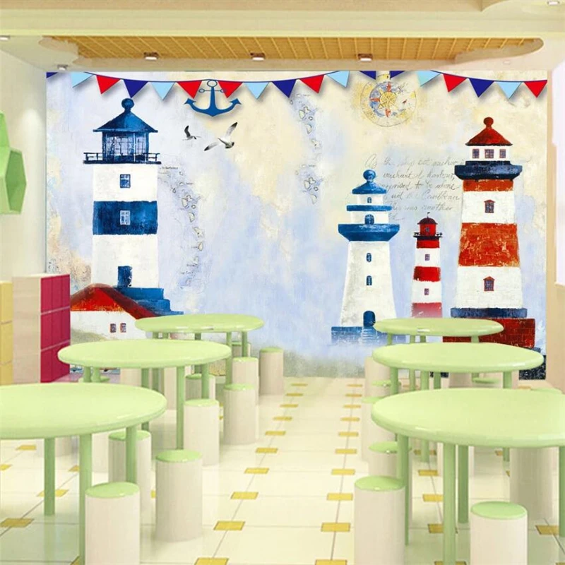 Customized hand-painted wallpaper nautical cartoon lighthouse children's room mural Living room sofa TV background wall bedroom