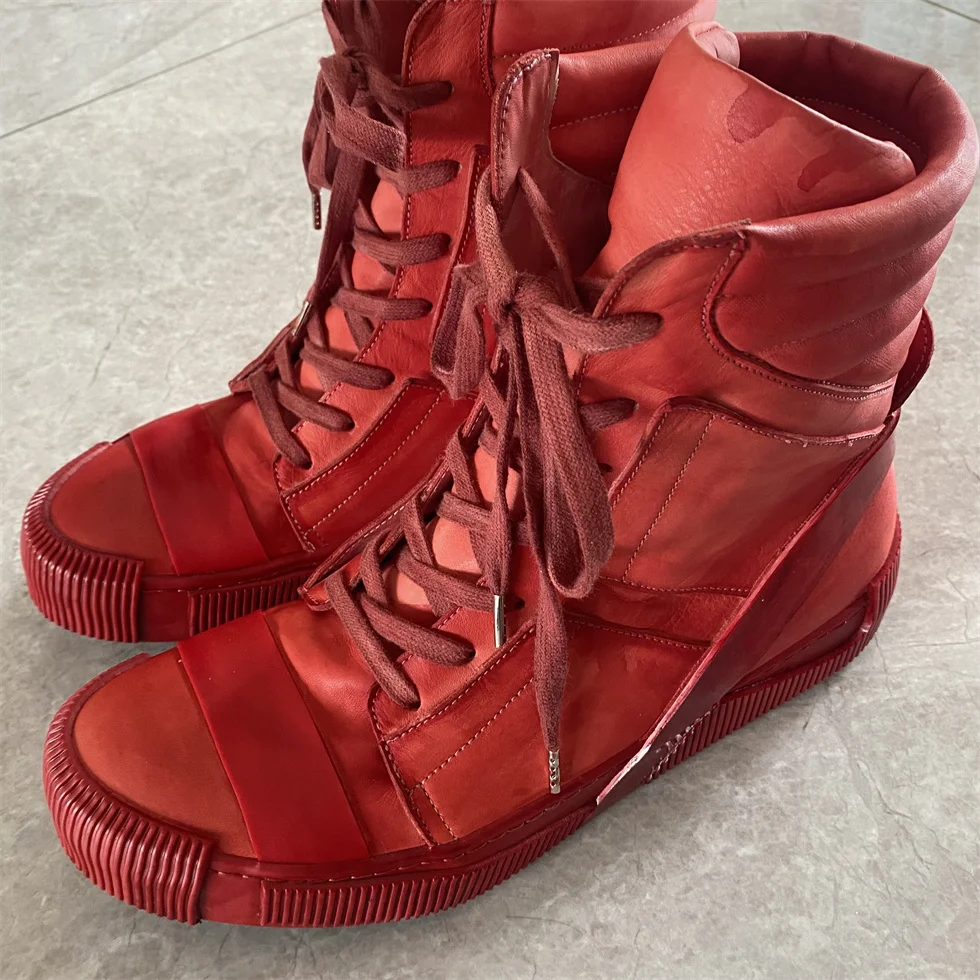 High End Design Customized Vantage Water Wash Red Nappa Leather Goodyear Processing High Top Luxury Hand Painting Hip Hop Boots
