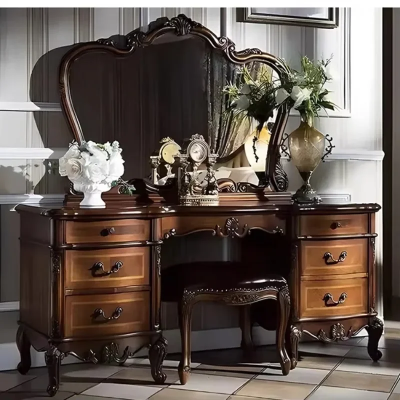 Vintage solid wood dresser engraved design, with mirror and drawers, bedroom luxury high-end classic style