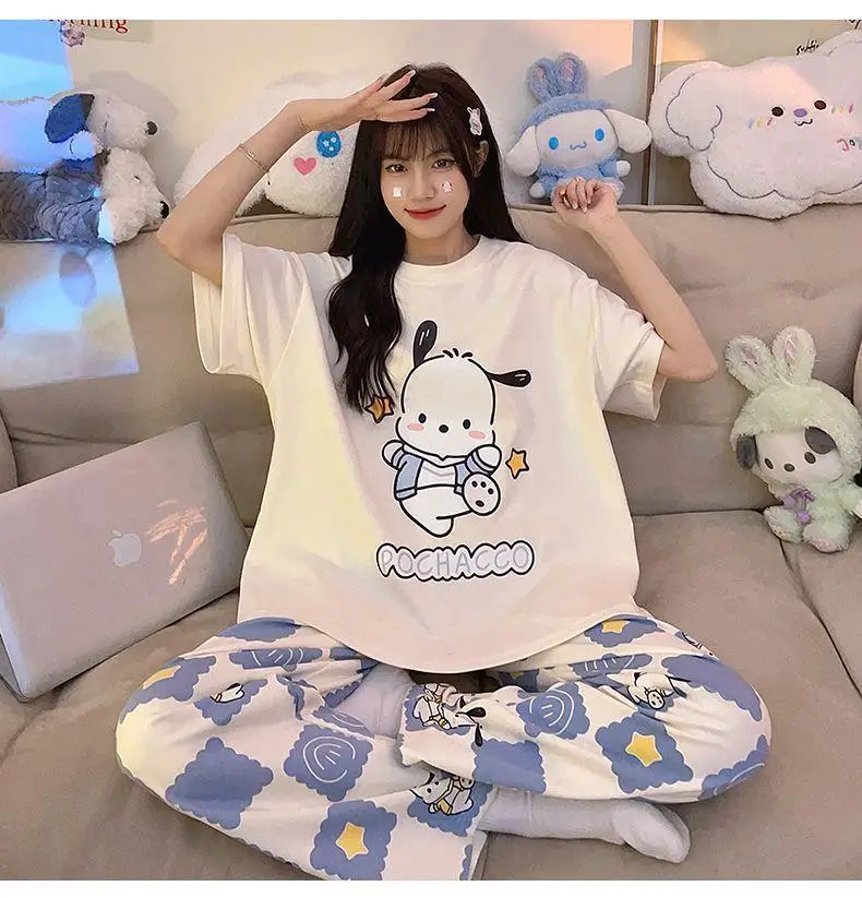 Sanrio Kuromi Pajamas Set Kawaii Anime Cartoon Pochacco Cute Kuromi Print Girls Cinnamoroll Short Sleeve Trousers Home Clothes