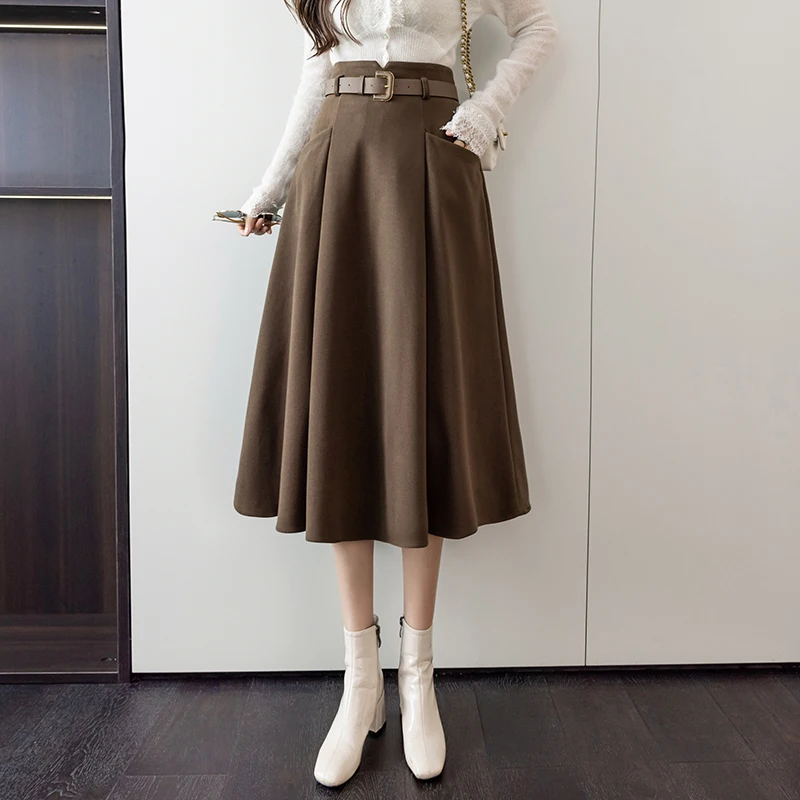 Coffee Elegant Fashion Winter Warm Wool Skirt For Woman 2023 High Waist Casual Big Swing Mid-Long Skirt With Belt