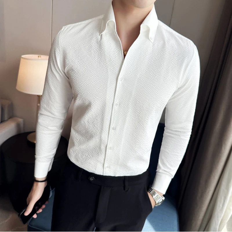 High Quality Workmanship Seersucker Waffle V-neck Shirt Men\'s Long-sleeved Stand Collar Shirt Brand Clothing Luxury Dress Shirt