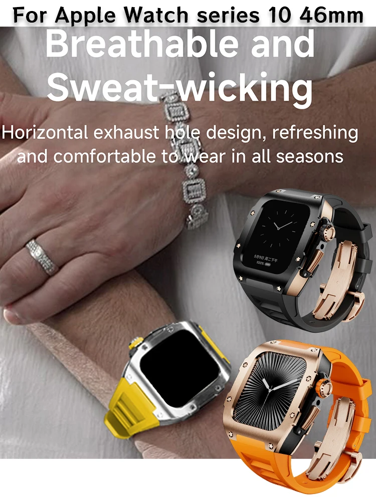 

NEW For Apple Watch series 10 46mm, Stainless steel Protector Case Luxury Modification Kit, Fashion Silicone strap iWatch s10 46