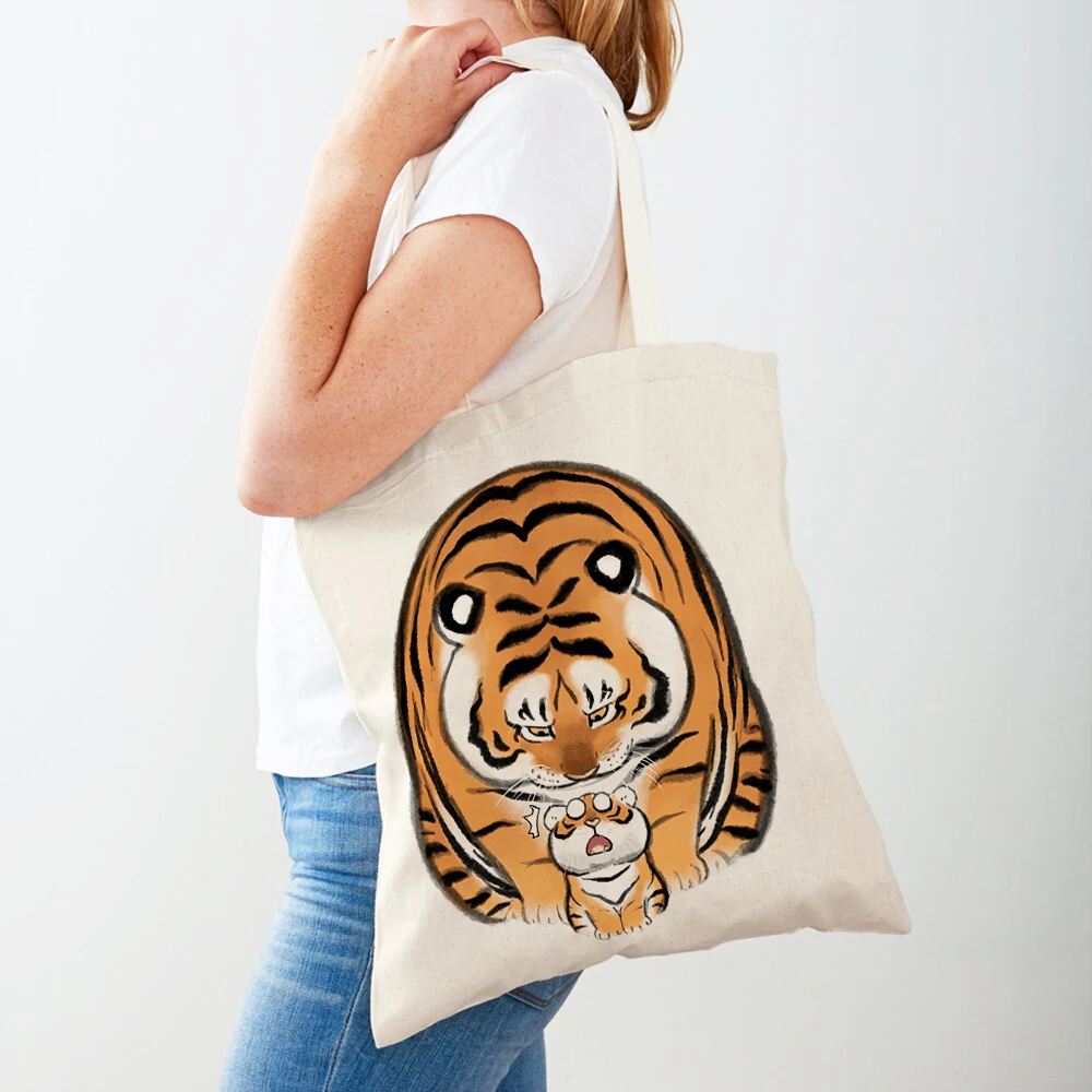 Funny Fat Tiger Women Shopping Bags Cute Cartoon Animal Both Print Canvas Foldable Shopper Bag Cloth Lady Tote Shoulder Handbag