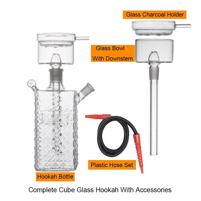 Travel Cube Glass Hookah Set Narguile Sheesha Chicha Nargile Cachimbas Whisky Square Bottle Shisha Big Size Bowl Charcoal Lid