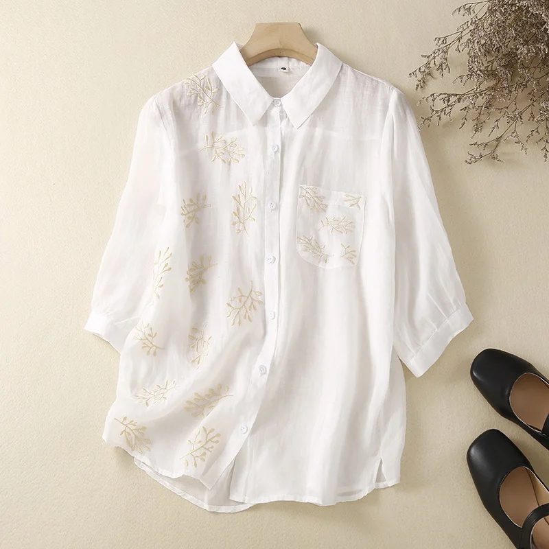 Vêtements d'été irt brodés en coton et lin de couleur Pure, coupe cintrée, haut du corps Seven Sve, ourlet fendu simple