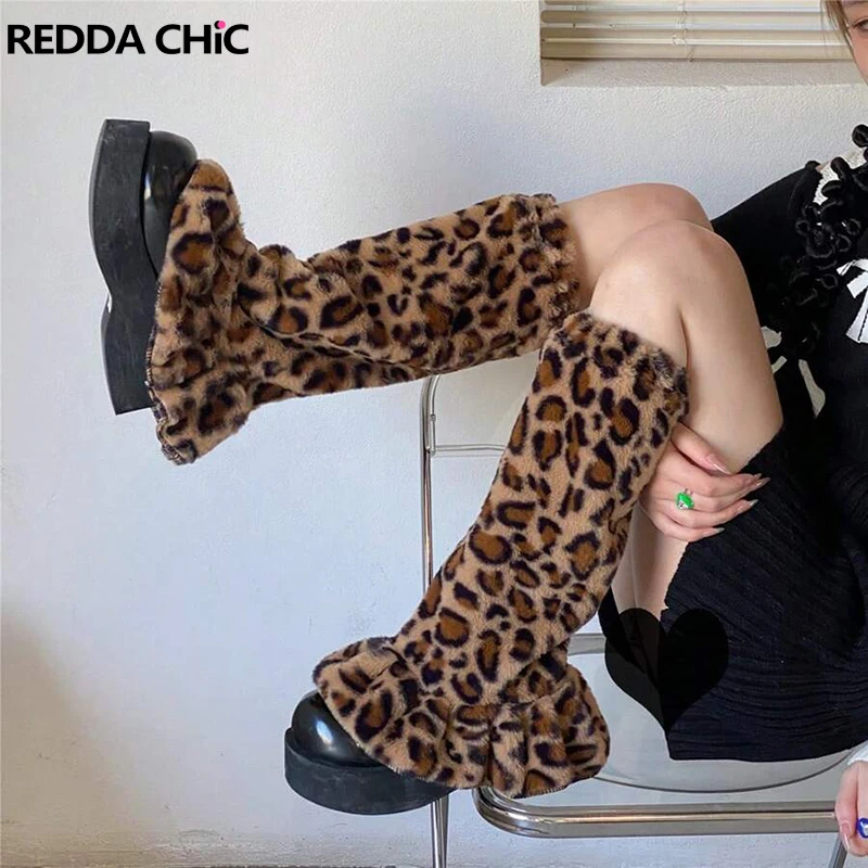 ReddaChic Rokku Grayu Plush Leg Warmers for Women Fluffy Leopard Ruffled Hem Boots Cover Knee Long Socks Y2k Vintage Clothes