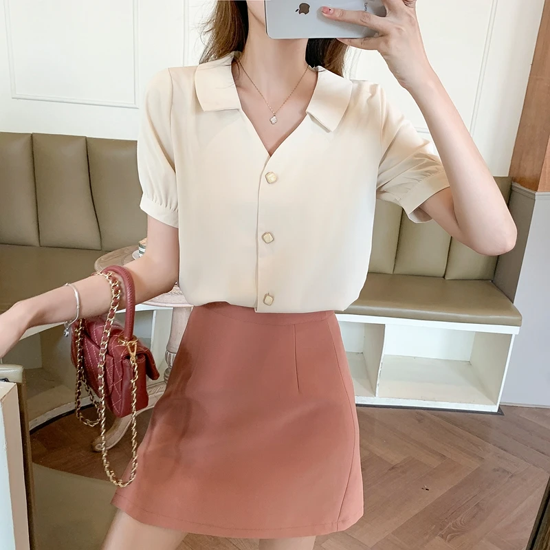 New Summer Short Sleeve Turn Down Collar Women Shirt Casual Chiffon Shirt Blouse Women Tops Blusas Mujer De Moda 2024 Verano J10