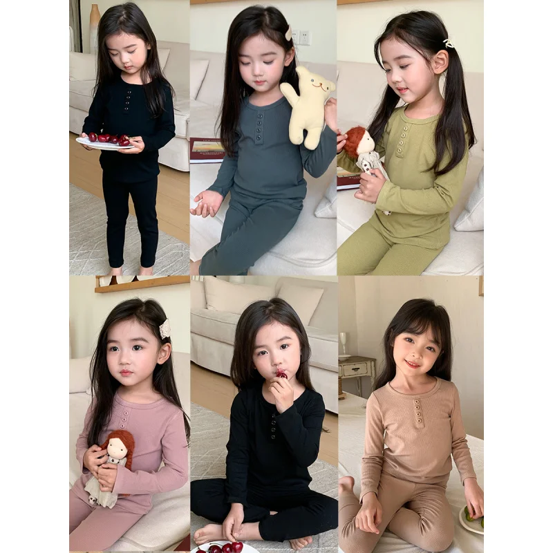 

XTY-Children's Pajamas Children's Long Johns Top & Bottom Set Cotton Boys Girls' Home Wear Undershirt Set Baby Clothes Autumn