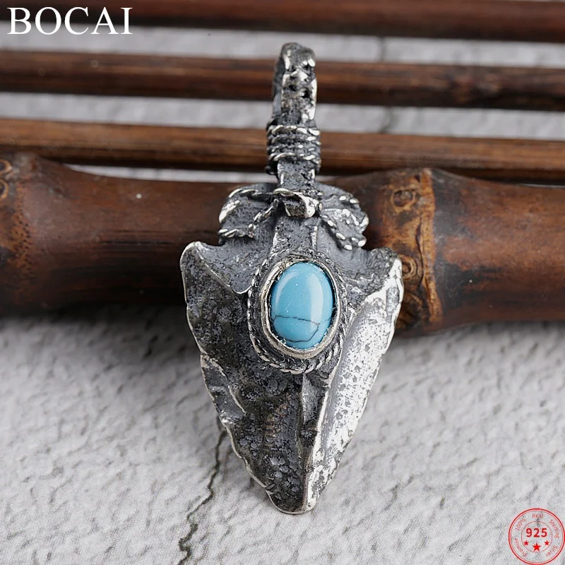 

BOCAI S925 Sterling Silver Pendants for Women Men New Fashion Winding Wires Meteorite Arrow Turquoise Punk Jewelry Free Shipping