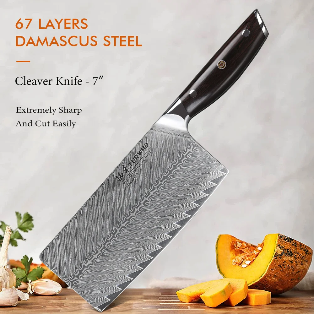 

TURWHO 7 Inch Cleaver Knife Chef's Knives 67 Layer Damascus VG10 Steel Core Super Sharp Kitchen Cutting Vegetable Chopping Knife